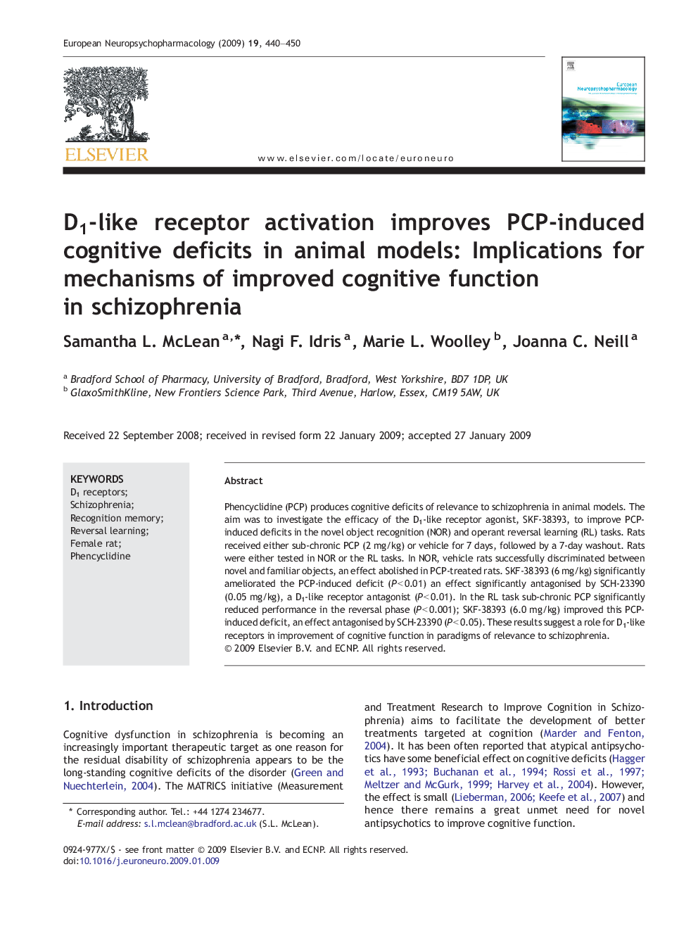 D1-like receptor activation improves PCP-induced cognitive deficits in animal models: Implications for mechanisms of improved cognitive function in schizophrenia