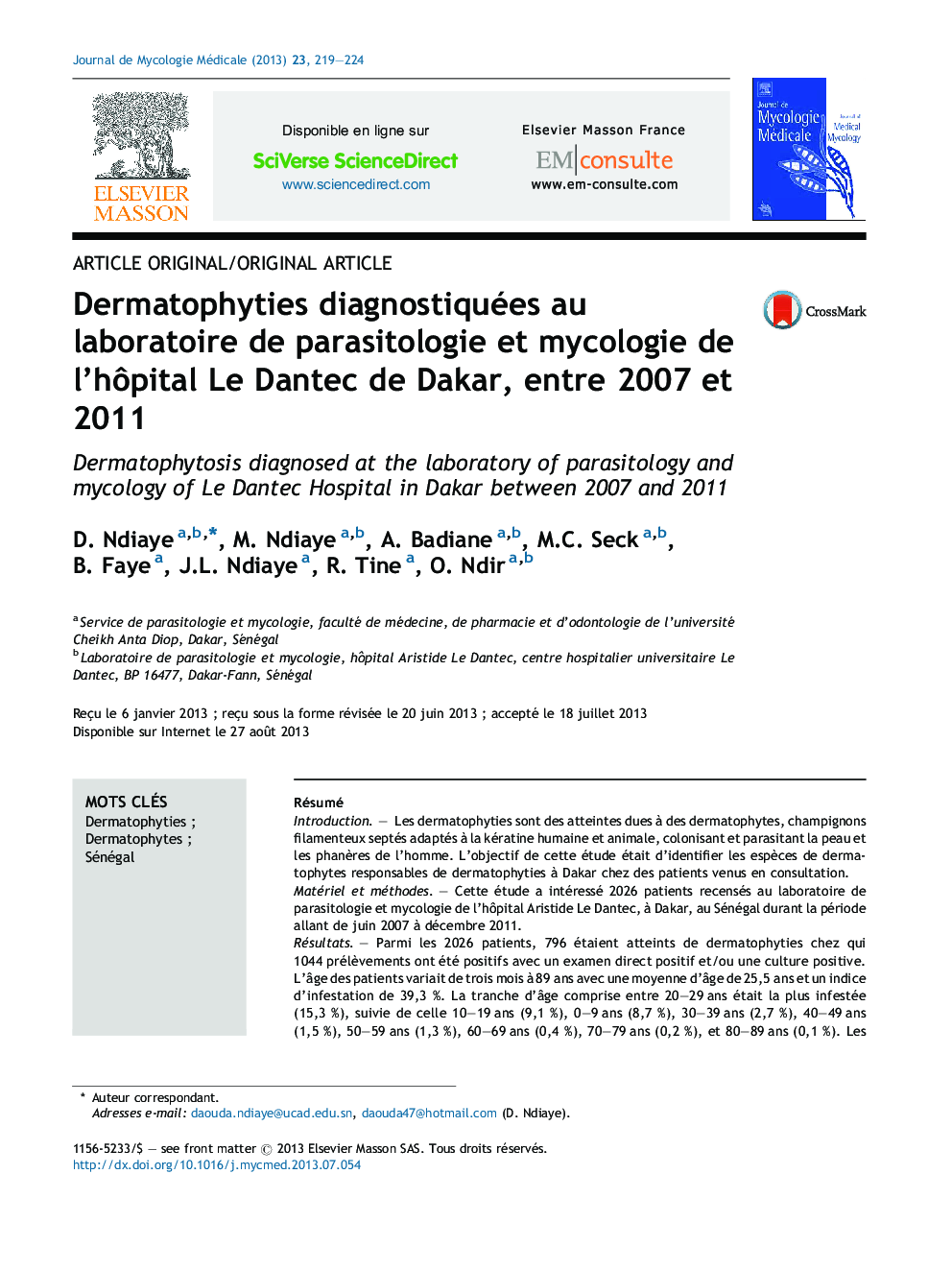 Dermatophyties diagnostiquées au laboratoire de parasitologie et mycologie de l’hôpital Le Dantec de Dakar, entre 2007 et 2011