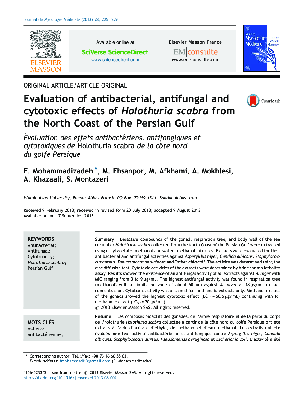 Evaluation of antibacterial, antifungal and cytotoxic effects of Holothuria scabra from the North Coast of the Persian Gulf