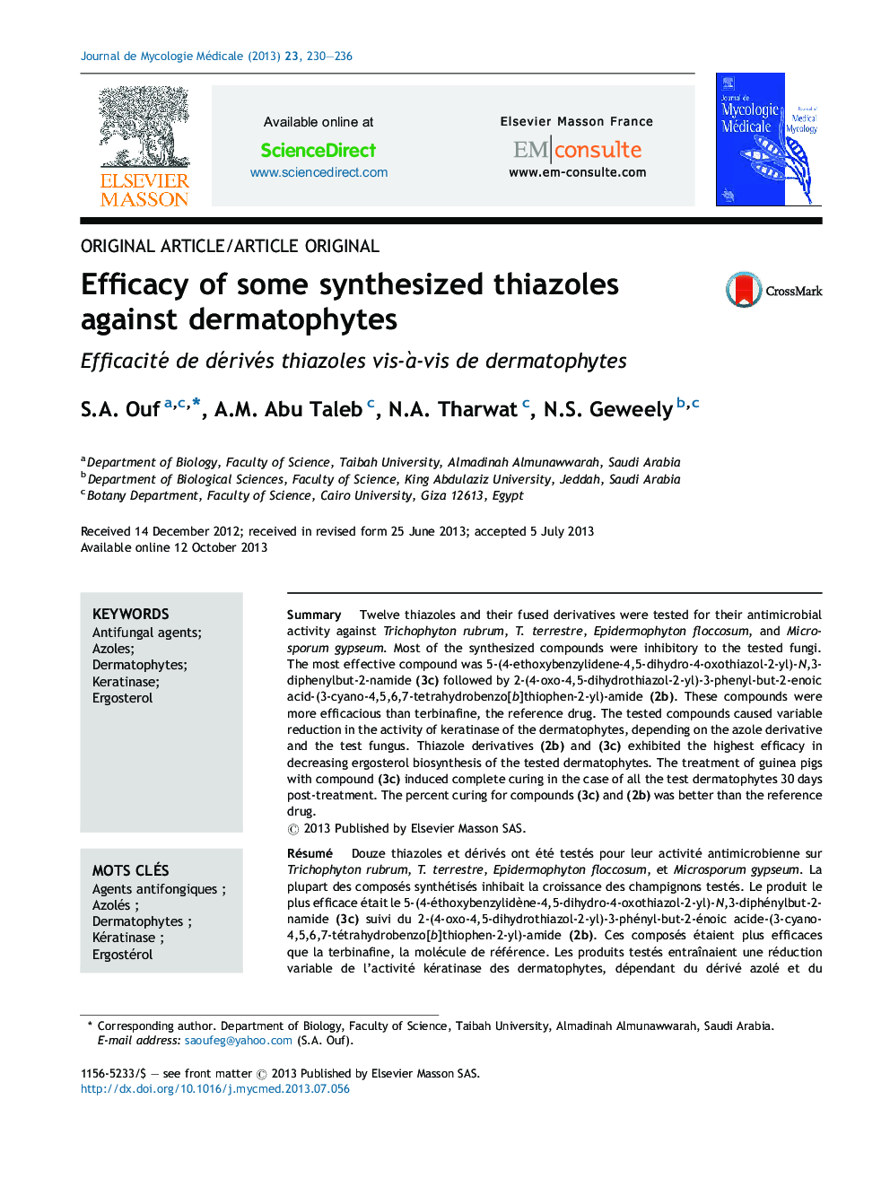Efficacy of some synthesized thiazoles against dermatophytes