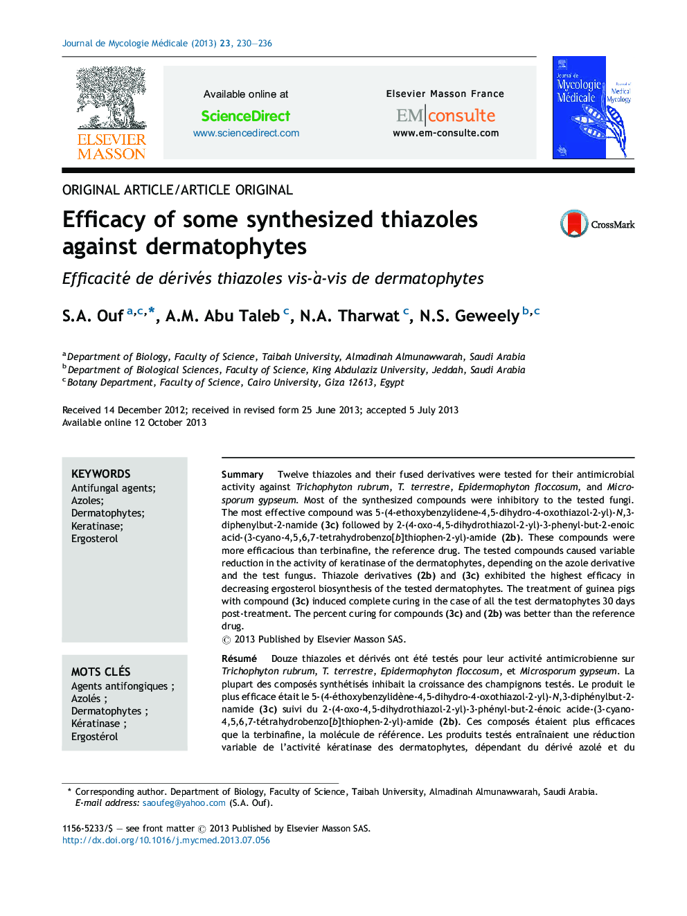 عکس صفحه اول مقاله: Efficacy of some synthesized thiazoles against dermatophytes Efficacy of some synthesized thiazoles against dermatophytes