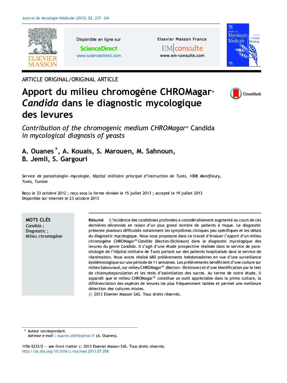 Apport du milieu chromogène CHROMagar®Candida dans le diagnostic mycologique des levures