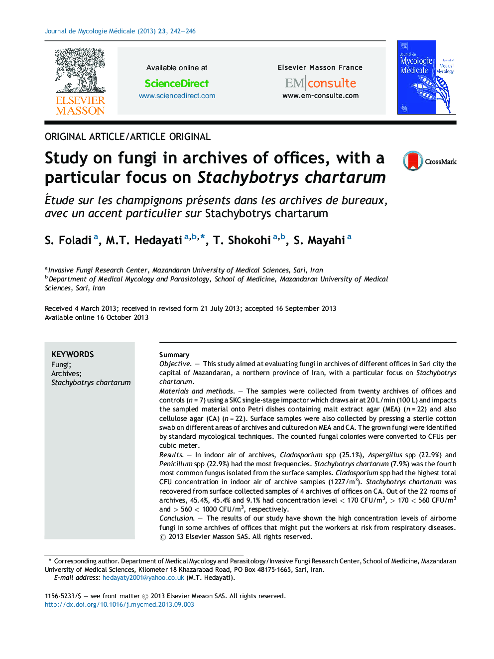 Study on fungi in archives of offices, with a particular focus on Stachybotrys chartarum