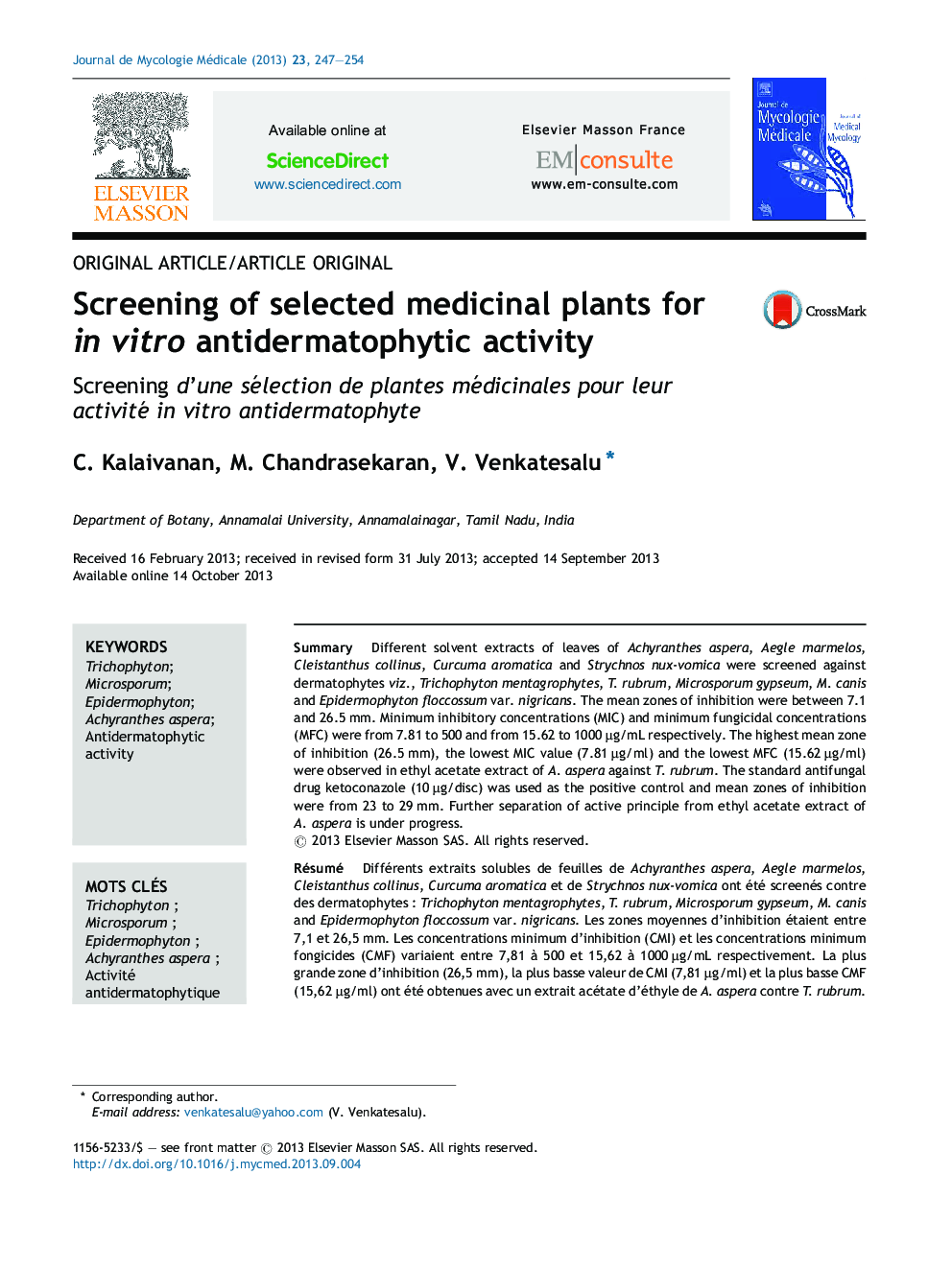 Screening of selected medicinal plants for in vitro antidermatophytic activity