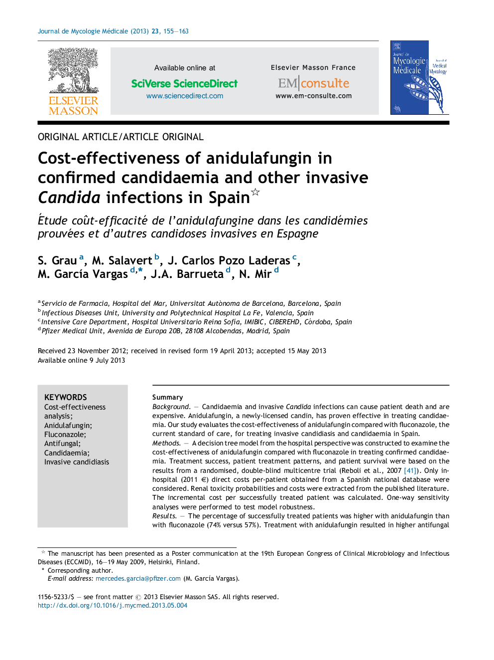 Cost-effectiveness of anidulafungin in confirmed candidaemia and other invasive Candida infections in Spain 