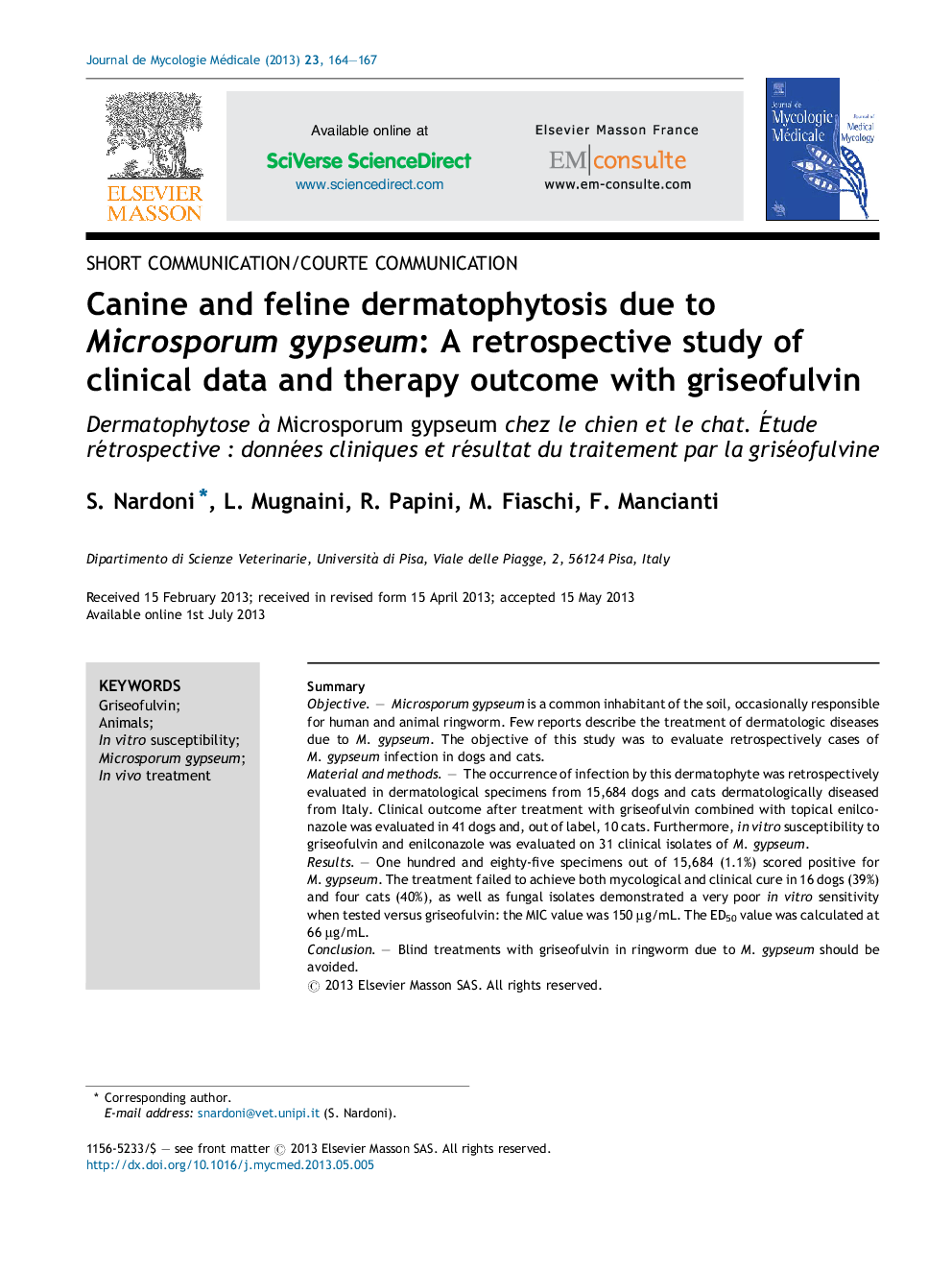 عکس صفحه اول مقاله: Canine and feline dermatophytosis due to Microsporum gypseum: A retrospective study of clinical data and therapy outcome with griseofulvin Canine and feline dermatophytosis due to Microsporum gypseum: A retrospective study of clinical data and therapy outcome with griseofulvin
