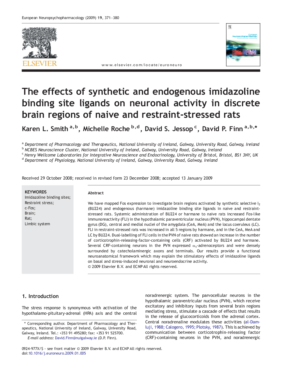 The effects of synthetic and endogenous imidazoline binding site ligands on neuronal activity in discrete brain regions of naive and restraint-stressed rats