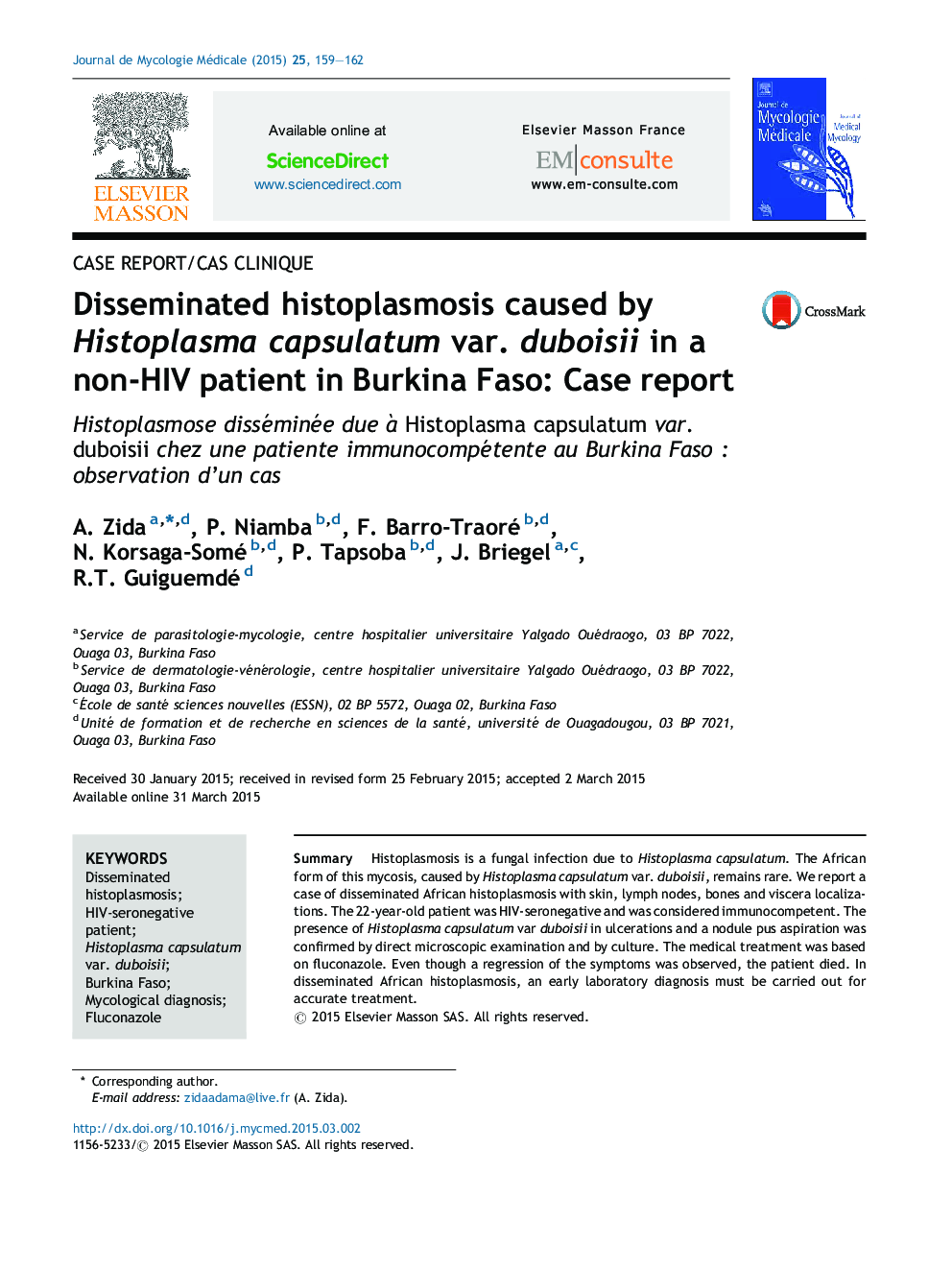 Disseminated histoplasmosis caused by Histoplasma capsulatum var. duboisii in a non-HIV patient in Burkina Faso: Case report