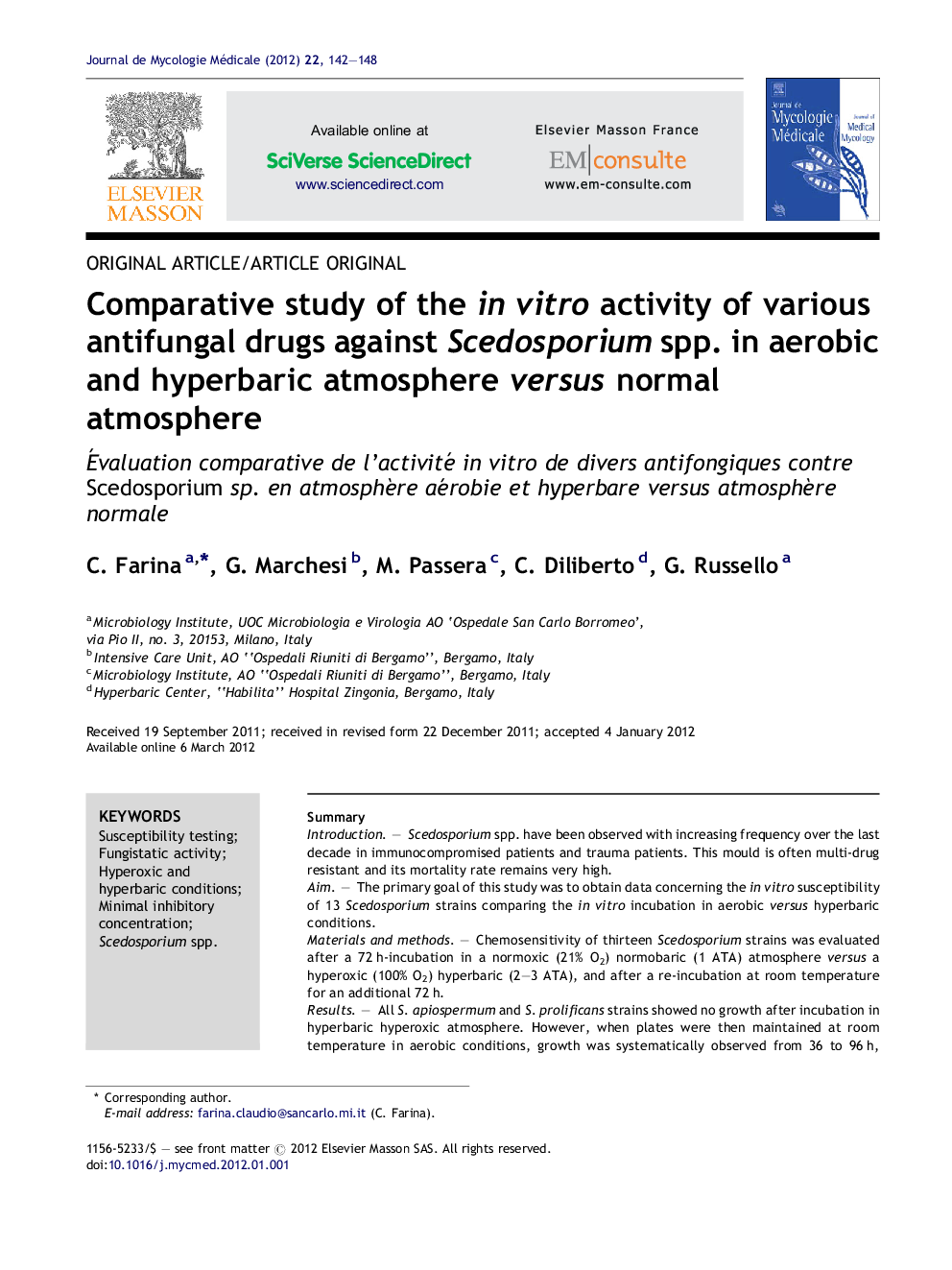 Comparative study of the in vitro activity of various antifungal drugs against Scedosporium spp. in aerobic and hyperbaric atmosphere versus normal atmosphere