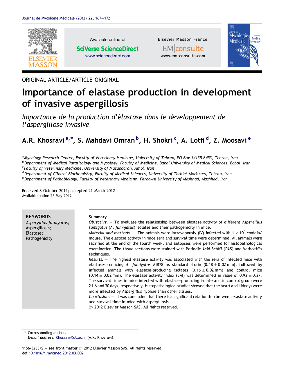 Importance of elastase production in development of invasive aspergillosis