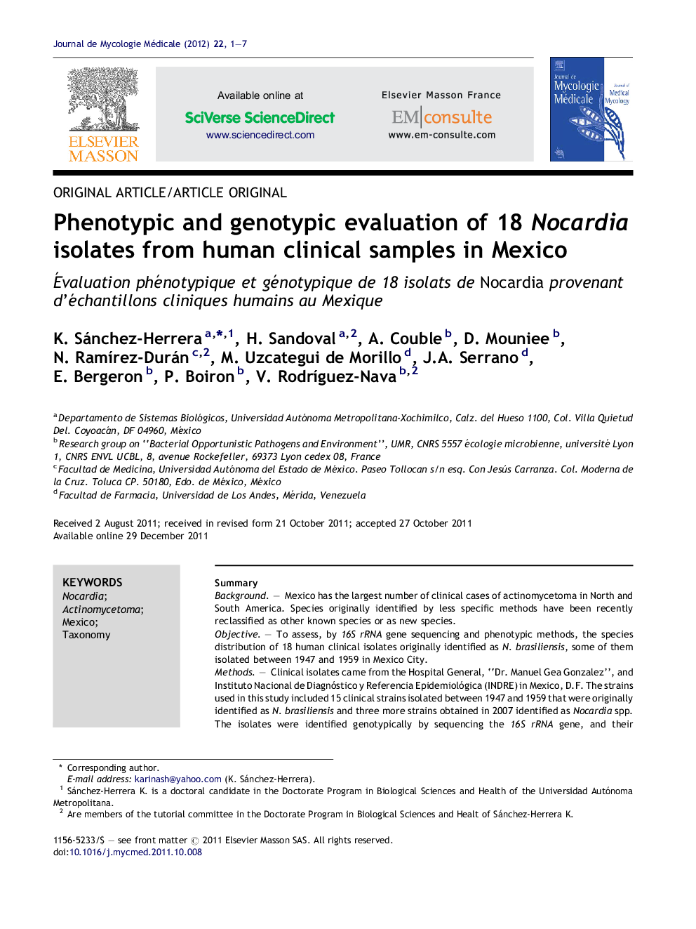 Phenotypic and genotypic evaluation of 18 Nocardia isolates from human clinical samples in Mexico