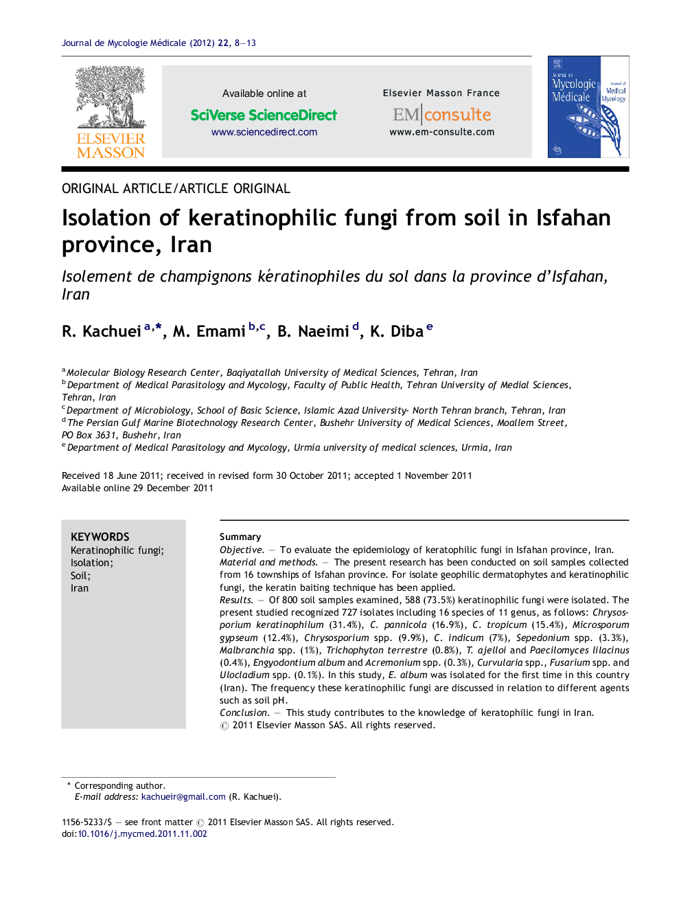 Isolation of keratinophilic fungi from soil in Isfahan province, Iran