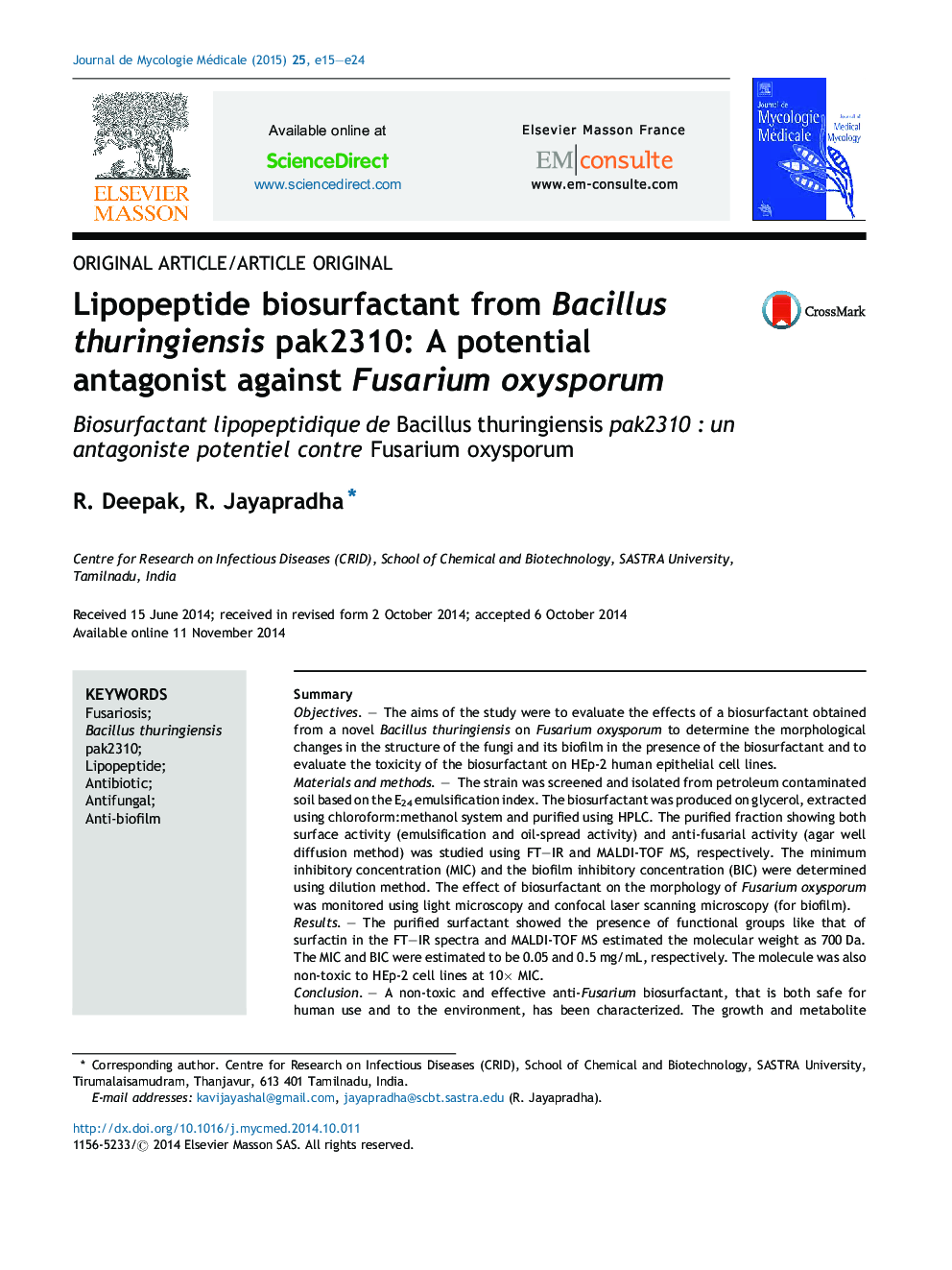 Lipopeptide biosurfactant from Bacillus thuringiensis pak2310: A potential antagonist against Fusarium oxysporum