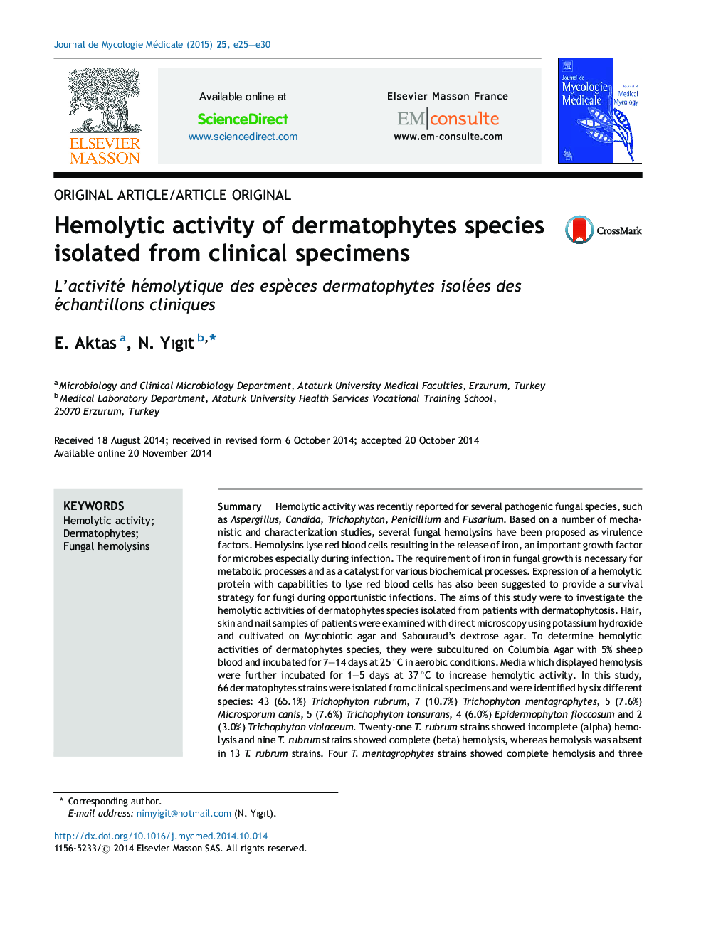 Hemolytic activity of dermatophytes species isolated from clinical specimens