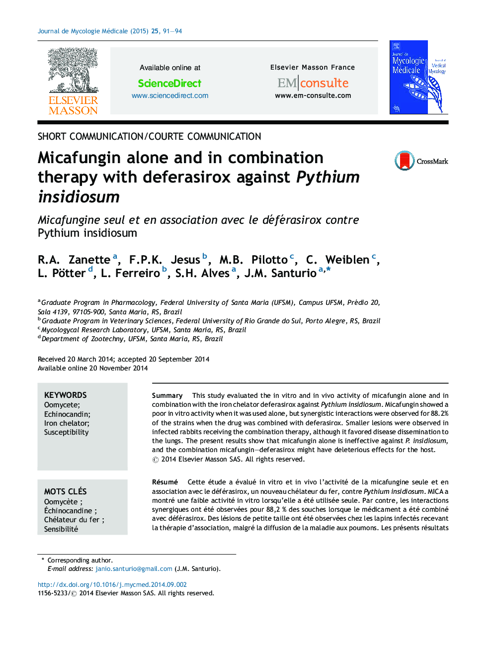 Micafungin alone and in combination therapy with deferasirox against Pythium insidiosum