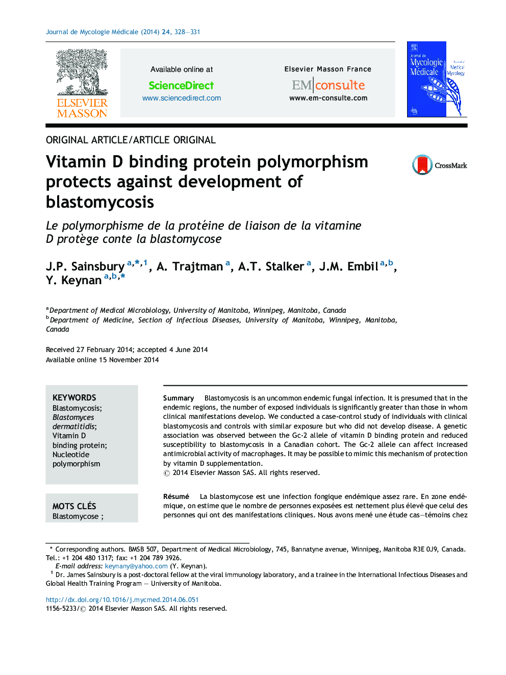 Vitamin D binding protein polymorphism protects against development of blastomycosis