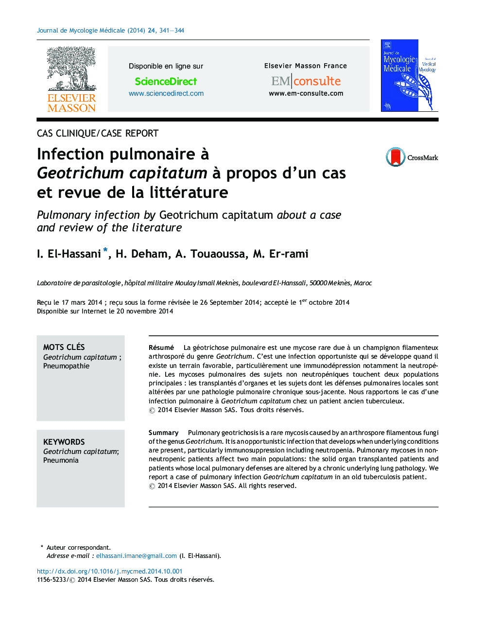 Infection pulmonaire à Geotrichum capitatum à propos d’un cas et revue de la littérature