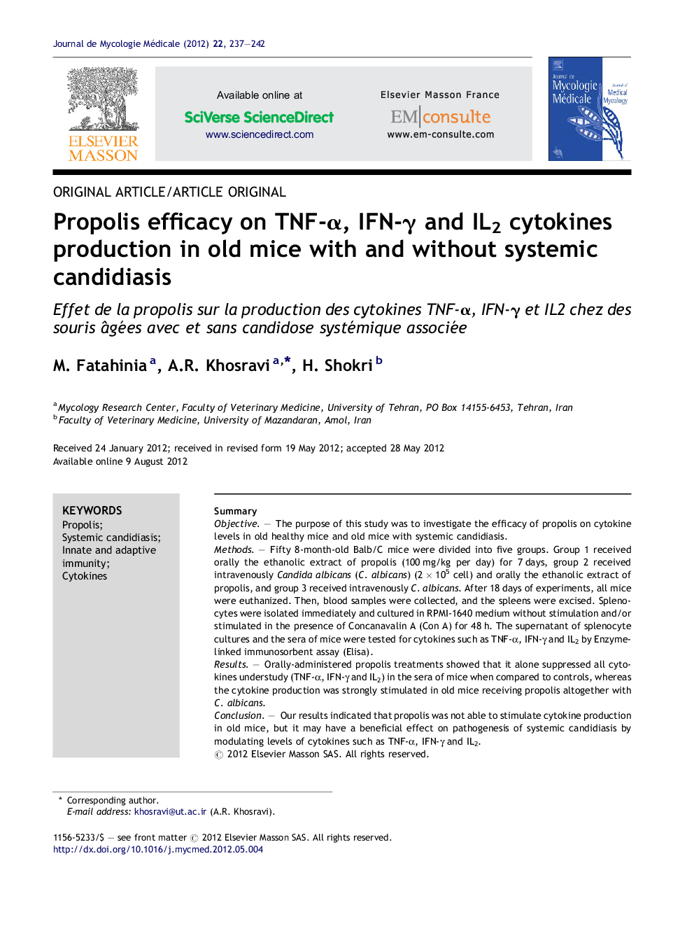 Propolis efficacy on TNF-α, IFN-γ and IL2 cytokines production in old mice with and without systemic candidiasis