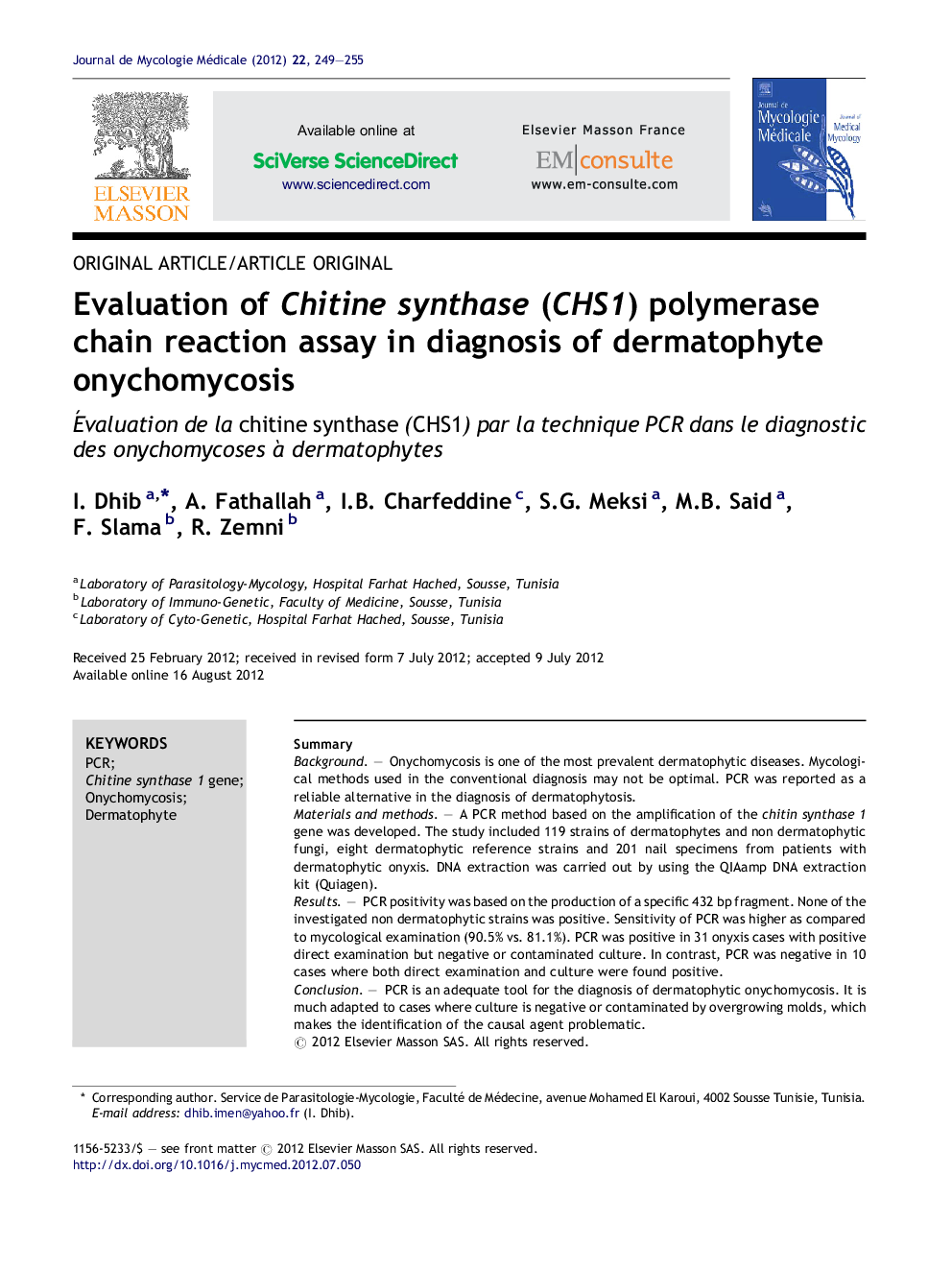 Evaluation of Chitine synthase (CHS1) polymerase chain reaction assay in diagnosis of dermatophyte onychomycosis