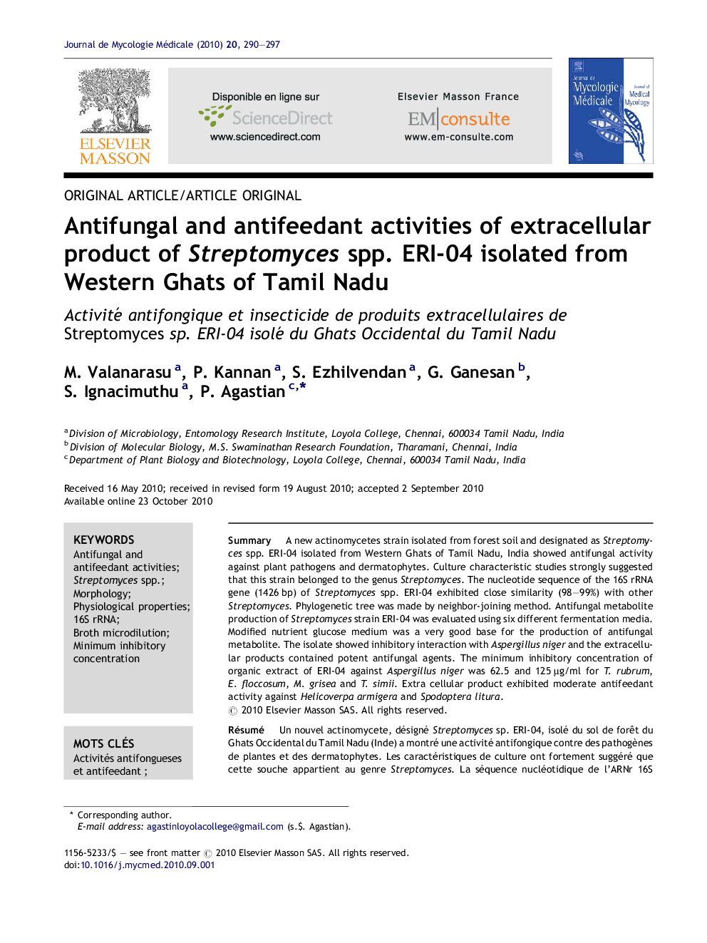 Antifungal and antifeedant activities of extracellular product of Streptomyces spp. ERI-04 isolated from Western Ghats of Tamil Nadu