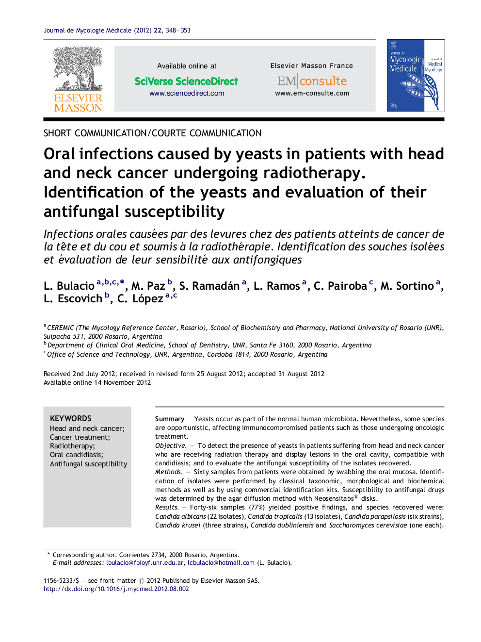 Oral infections caused by yeasts in patients with head and neck cancer undergoing radiotherapy. Identification of the yeasts and evaluation of their antifungal susceptibility