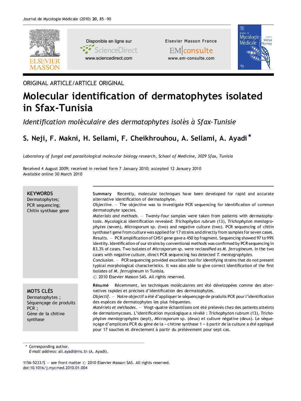 Molecular identification of dermatophytes isolated in Sfax-Tunisia