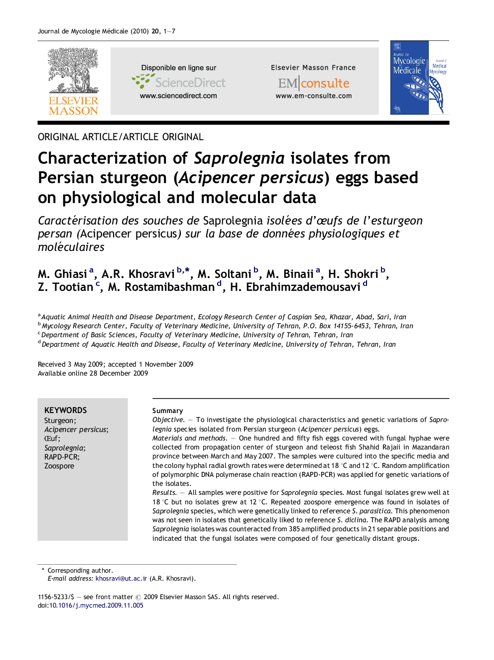 Characterization of Saprolegnia isolates from Persian sturgeon (Acipencer persicus) eggs based on physiological and molecular data