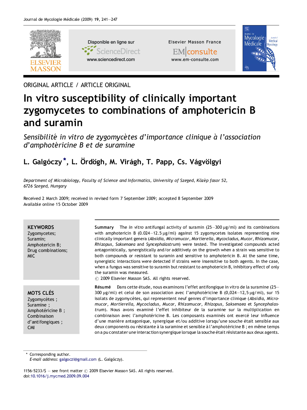 In vitro susceptibility of clinically important zygomycetes to combinations of amphotericin B and suramin