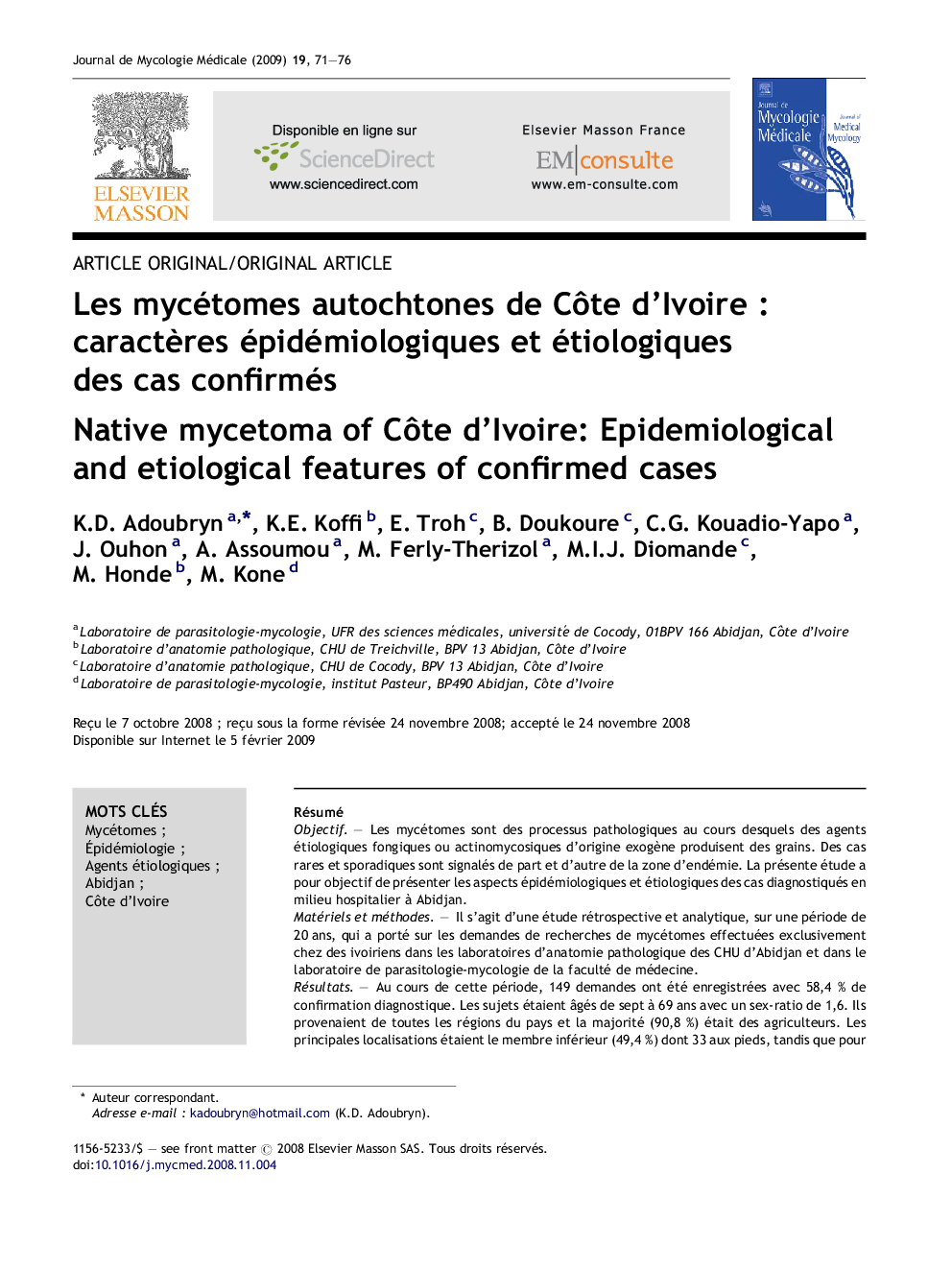 Les mycétomes autochtones de Côte d’Ivoire : caractères épidémiologiques et étiologiques des cas confirmés