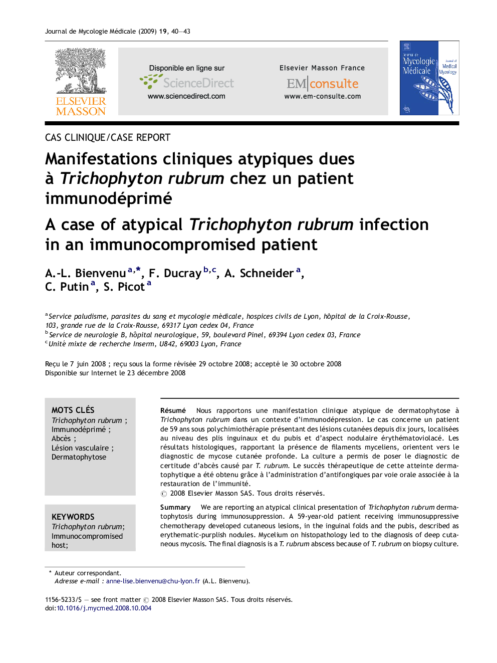 عکس صفحه اول مقاله: Manifestations cliniques atypiques dues à Trichophyton rubrum chez un patient immunodéprimé Manifestations cliniques atypiques dues à Trichophyton rubrum chez un patient immunodéprimé