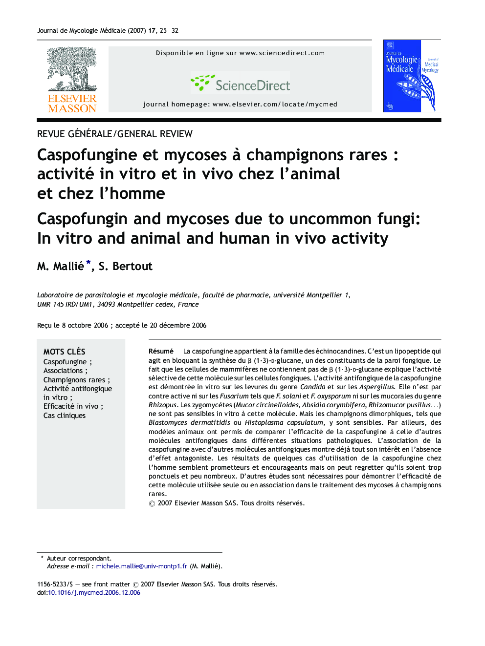 Caspofungine et mycoses à champignons rares : activité in vitro et in vivo chez l’animal et chez l’homme