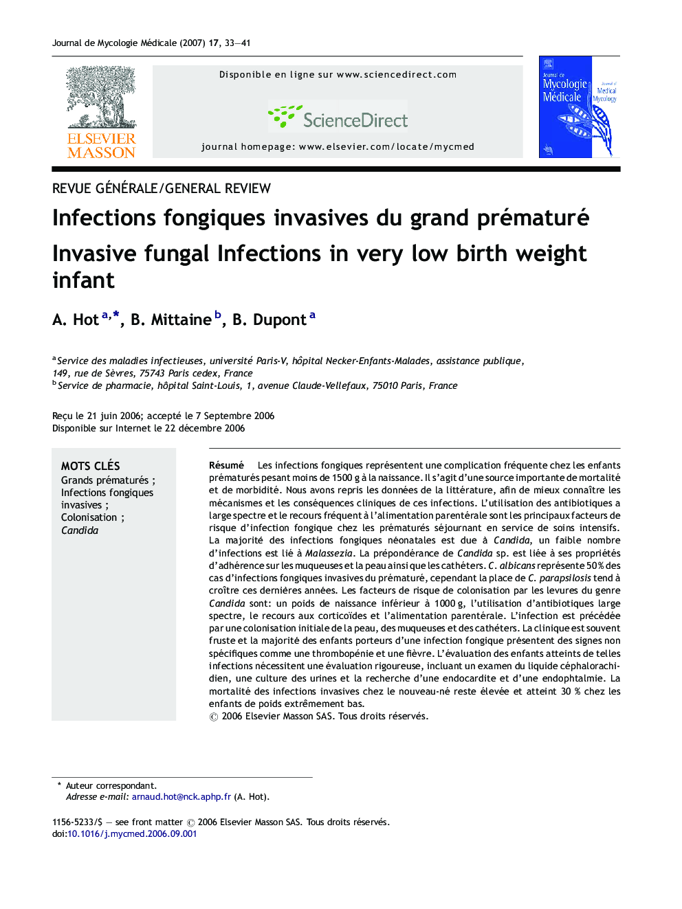 Infections fongiques invasives du grand prématuré