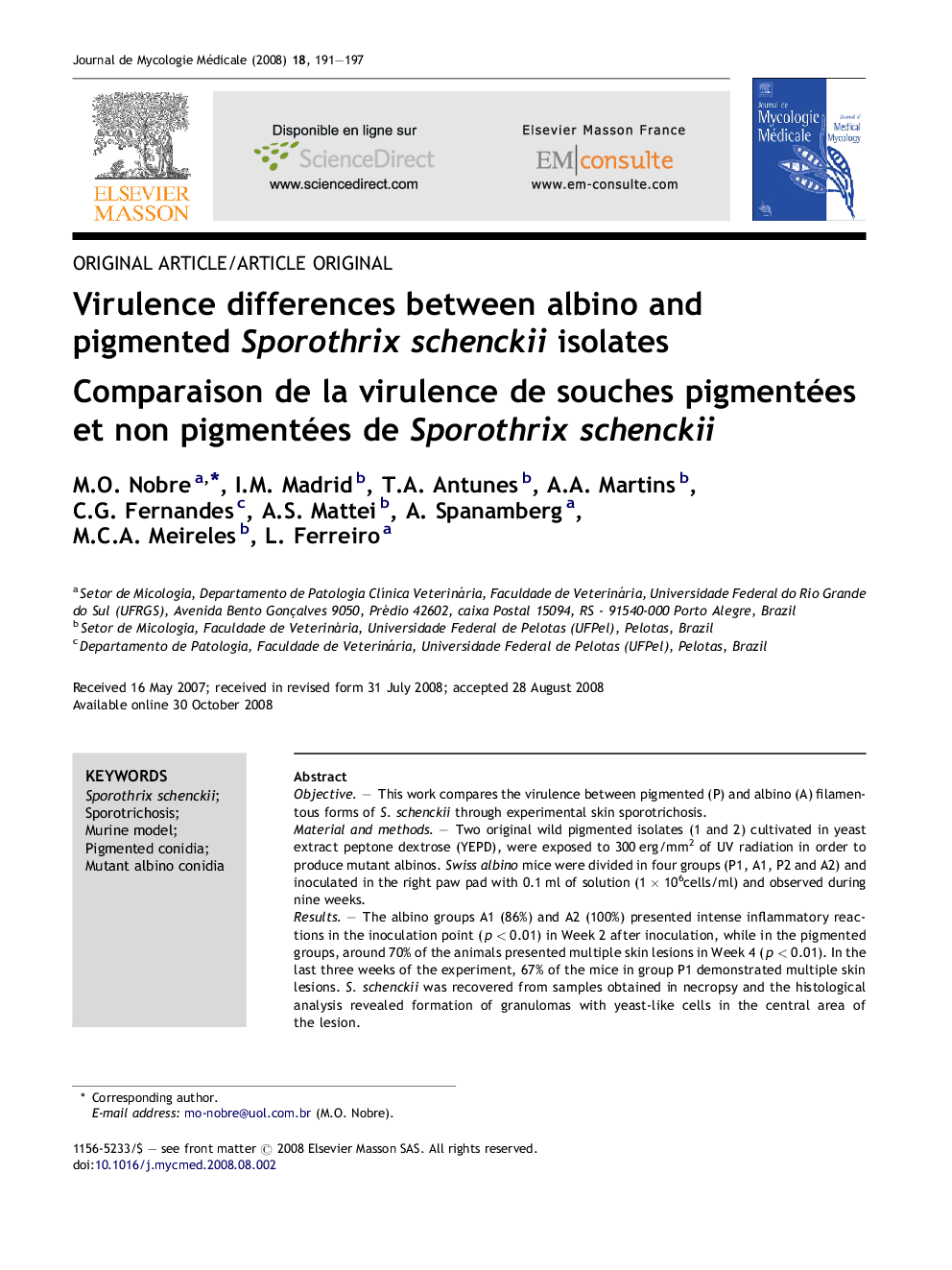 Virulence differences between albino and pigmented Sporothrix schenckii isolates