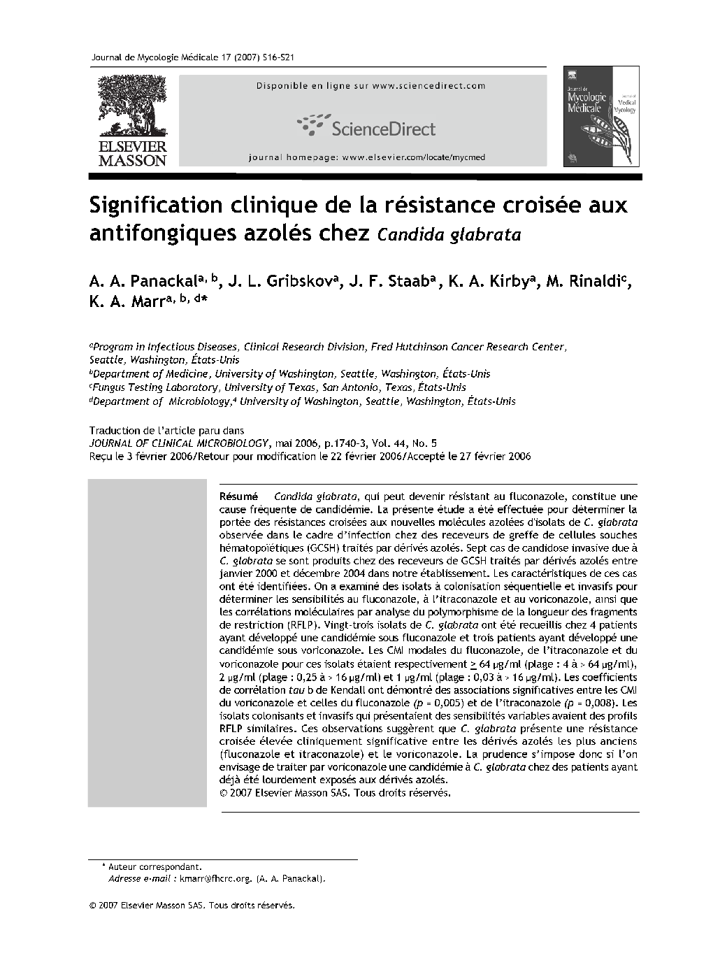 Signification clinique de la résistance croisée aux antifongiques azolés chez Candida glabrata