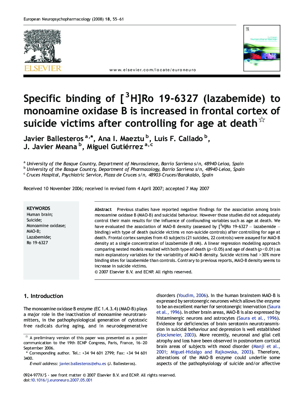 Specific binding of [3H]Ro 19-6327 (lazabemide) to monoamine oxidase B is increased in frontal cortex of suicide victims after controlling for age at death 