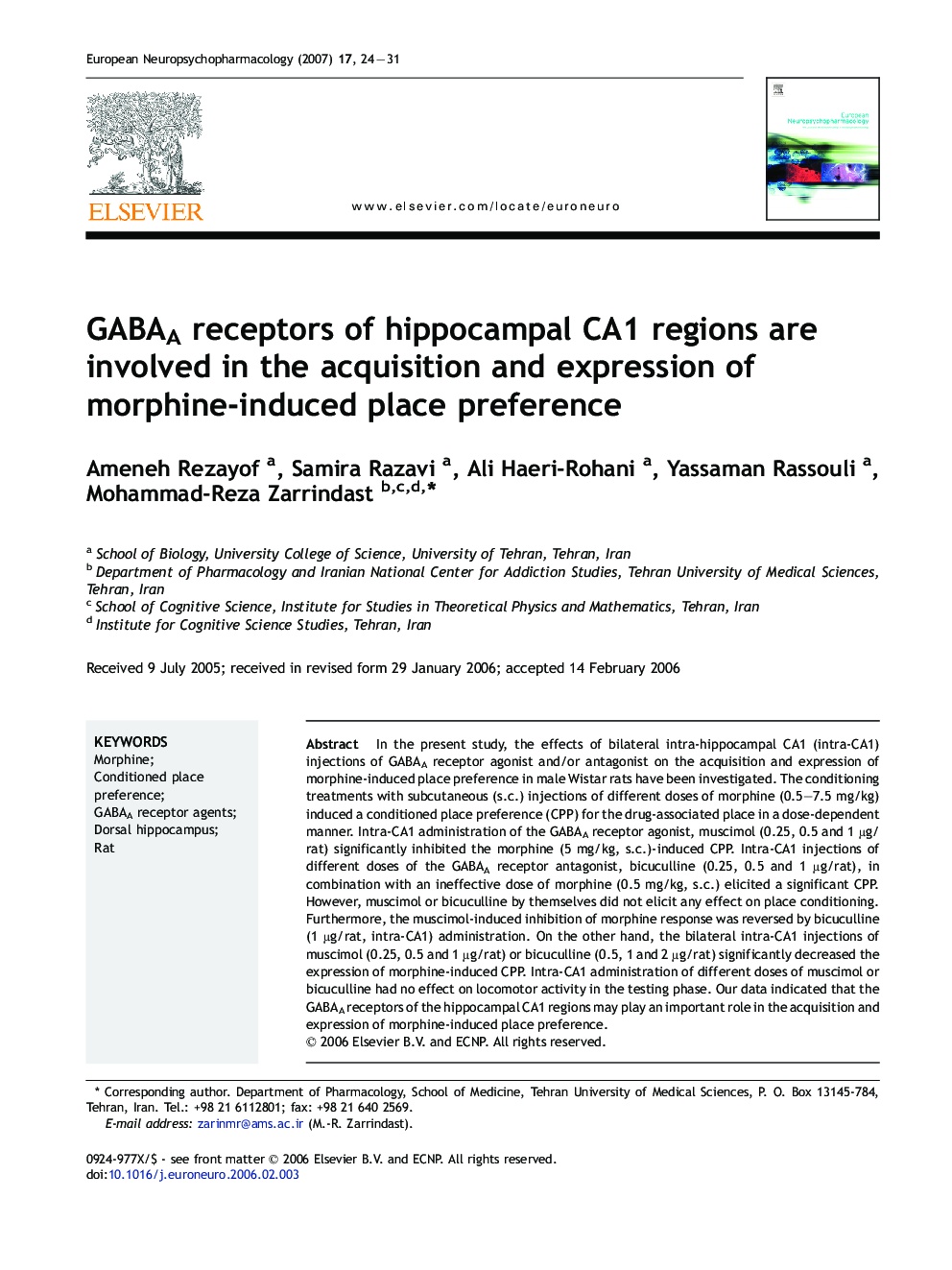 GABAA receptors of hippocampal CA1 regions are involved in the acquisition and expression of morphine-induced place preference