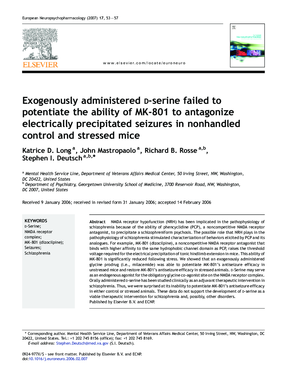 Exogenously administered d-serine failed to potentiate the ability of MK-801 to antagonize electrically precipitated seizures in nonhandled control and stressed mice