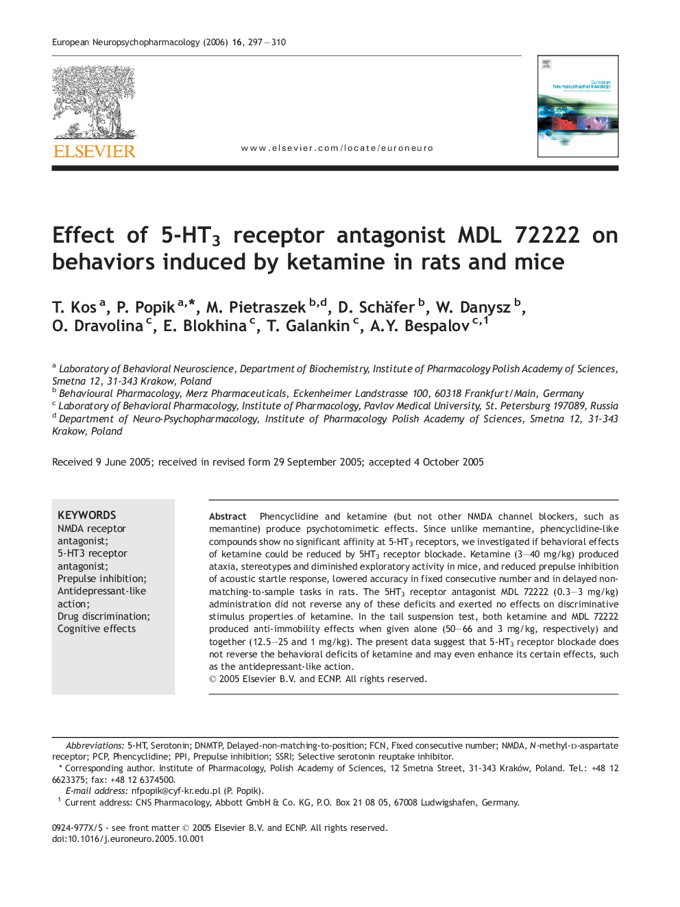 Effect of 5-HT3 receptor antagonist MDL 72222 on behaviors induced by ketamine in rats and mice