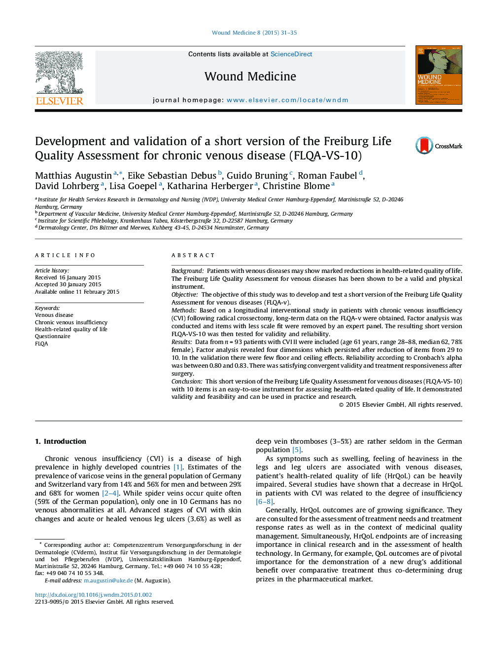 Development and validation of a short version of the Freiburg Life Quality Assessment for chronic venous disease (FLQA-VS-10)
