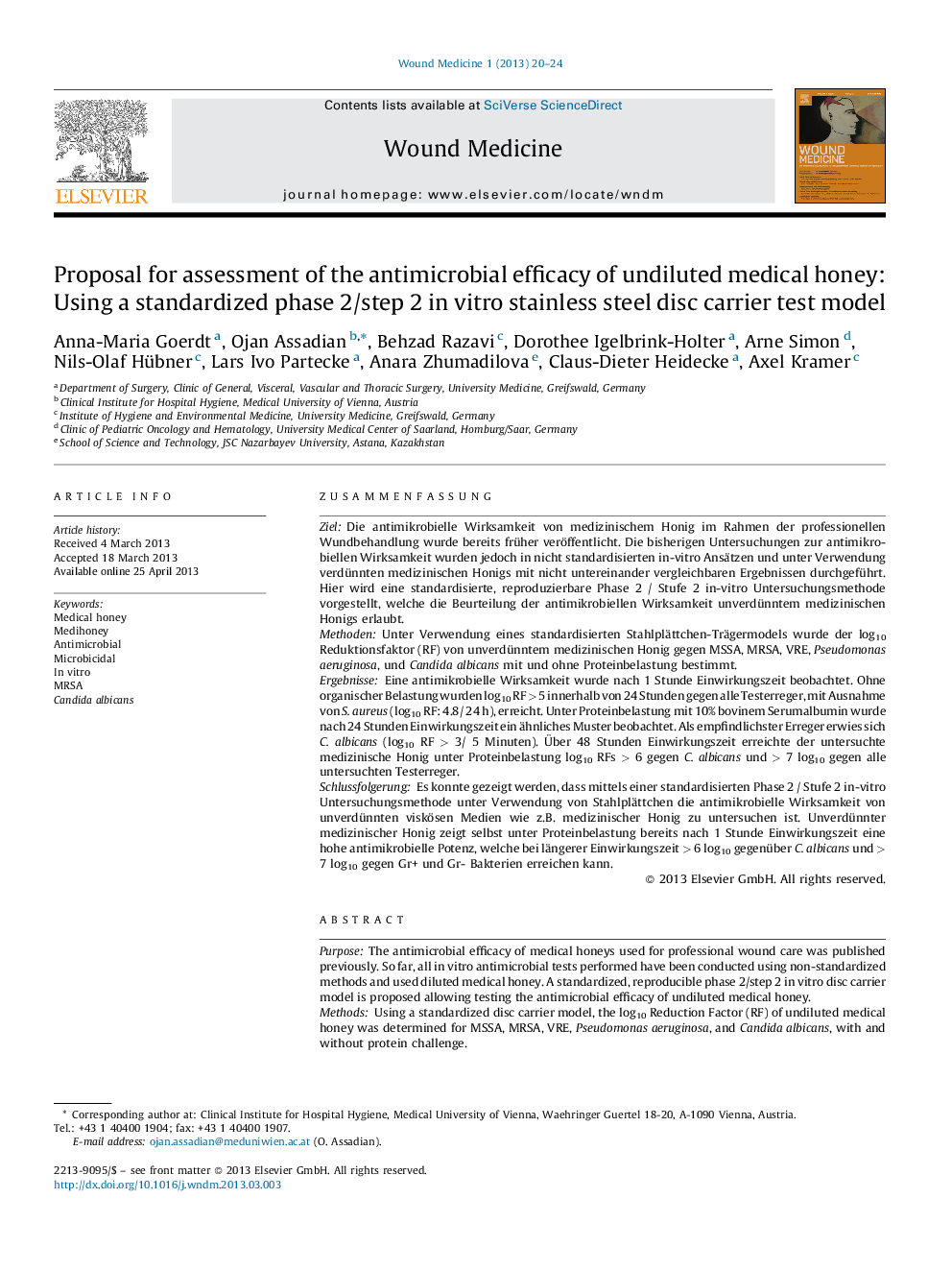 Proposal for assessment of the antimicrobial efficacy of undiluted medical honey: Using a standardized phase 2/step 2 in vitro stainless steel disc carrier test model