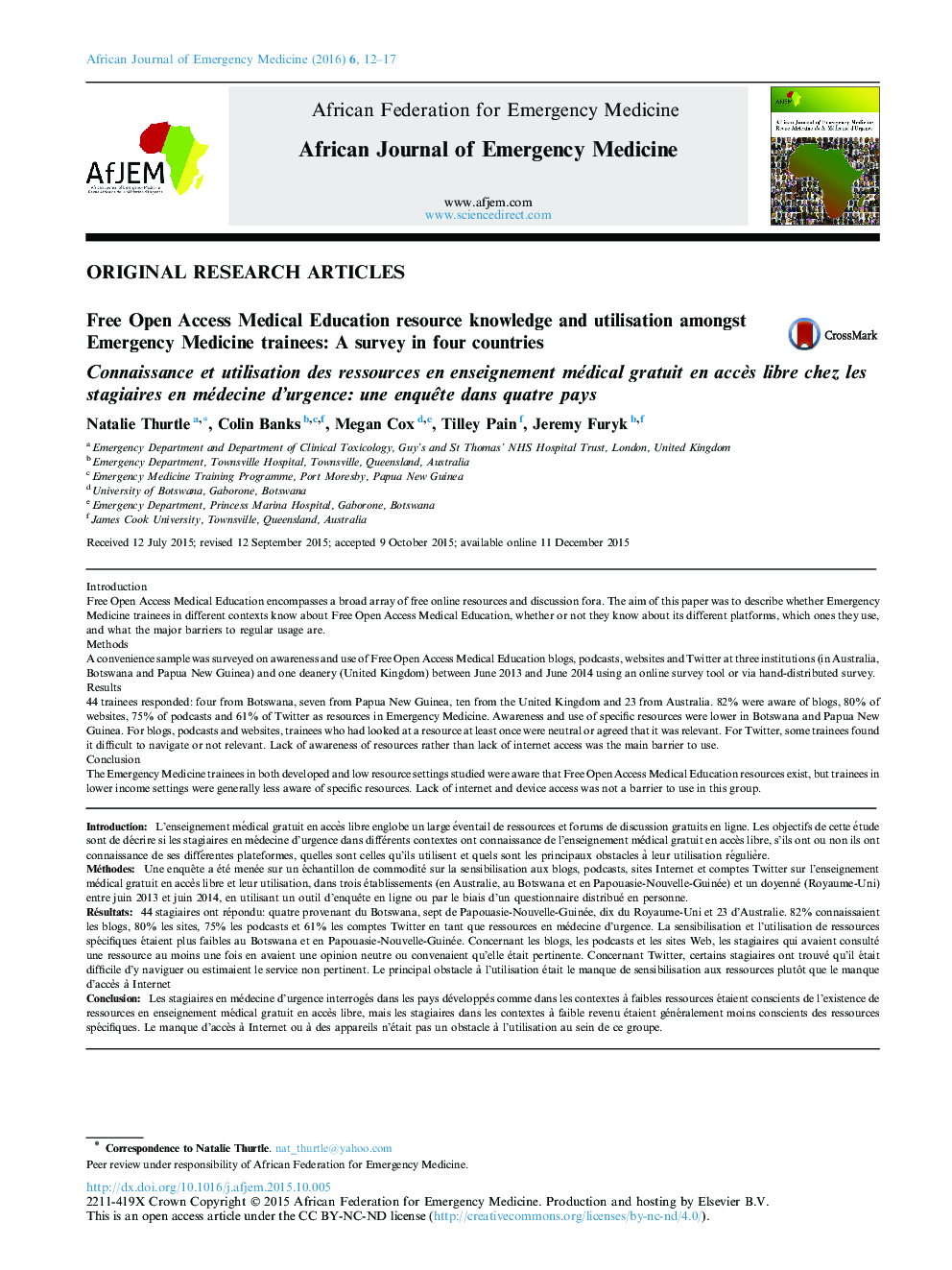 Free Open Access Medical Education resource knowledge and utilisation amongst Emergency Medicine trainees: A survey in four countries 