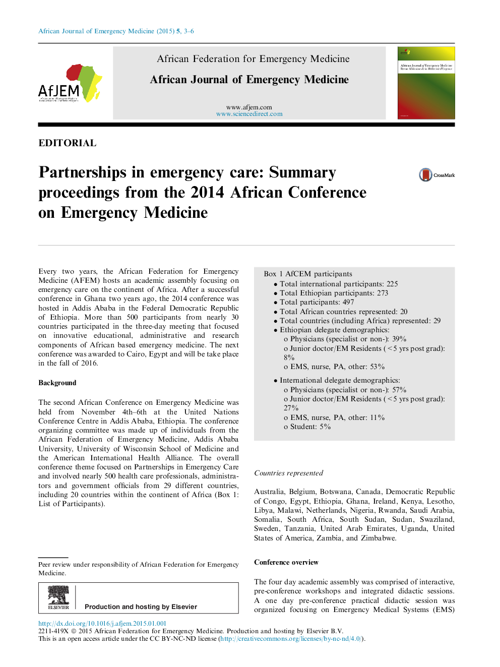 Partnerships in emergency care: Summary proceedings from the 2014 African Conference on Emergency Medicine