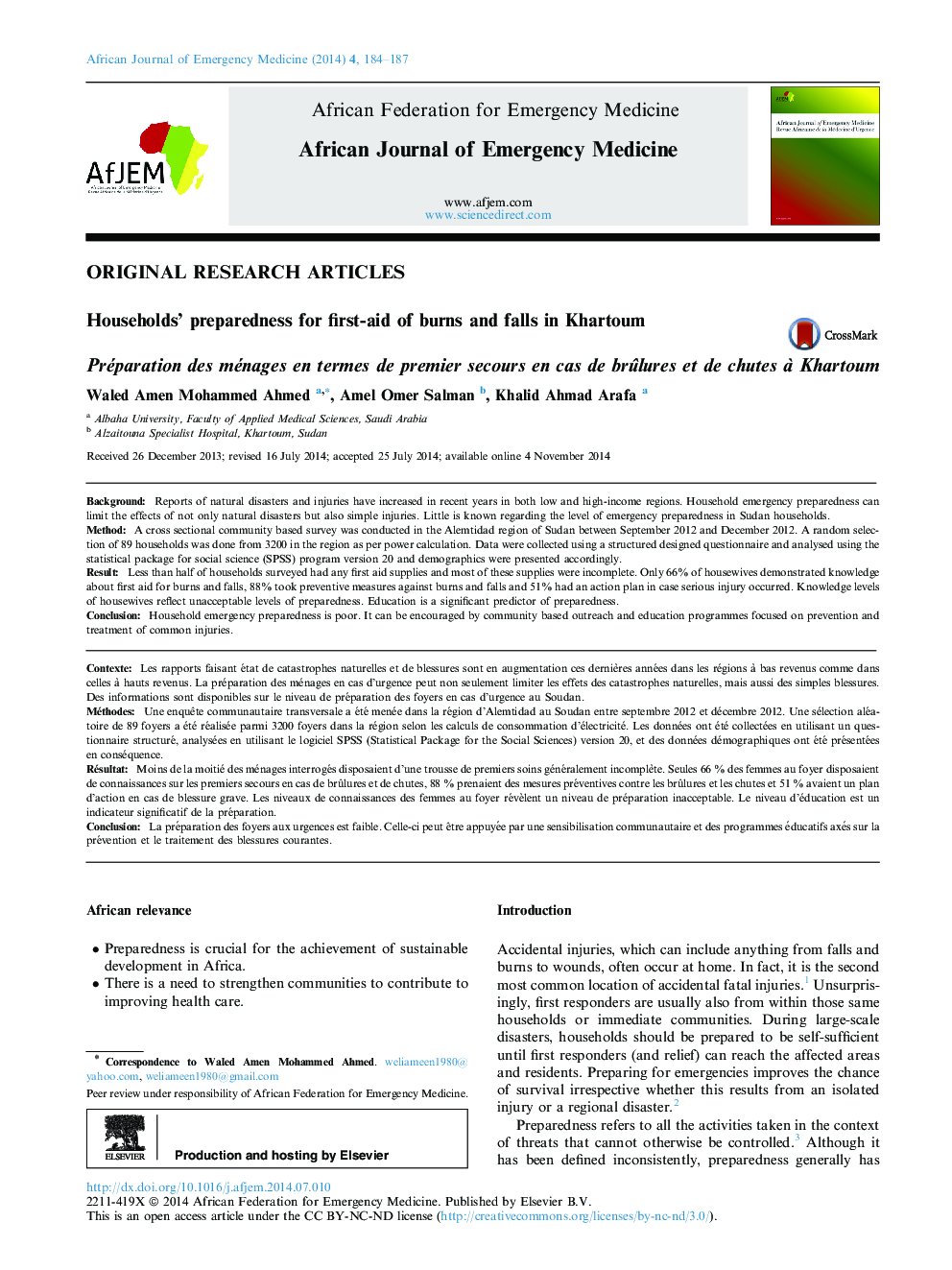 Households’ preparedness for first-aid of burns and falls in Khartoum 