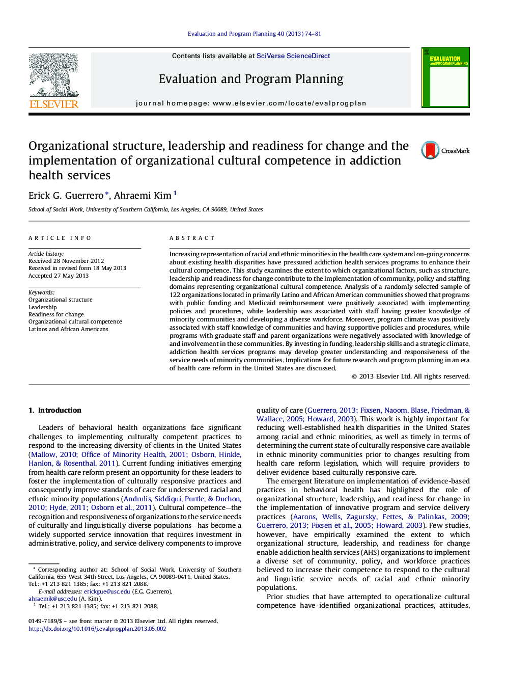 Organizational structure, leadership and readiness for change and the implementation of organizational cultural competence in addiction health services