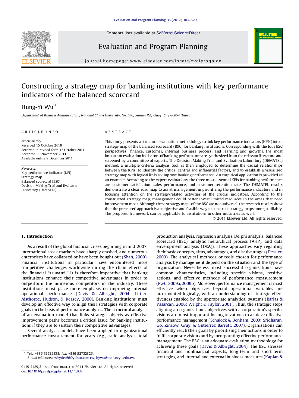 Constructing a strategy map for banking institutions with key performance indicators of the balanced scorecard