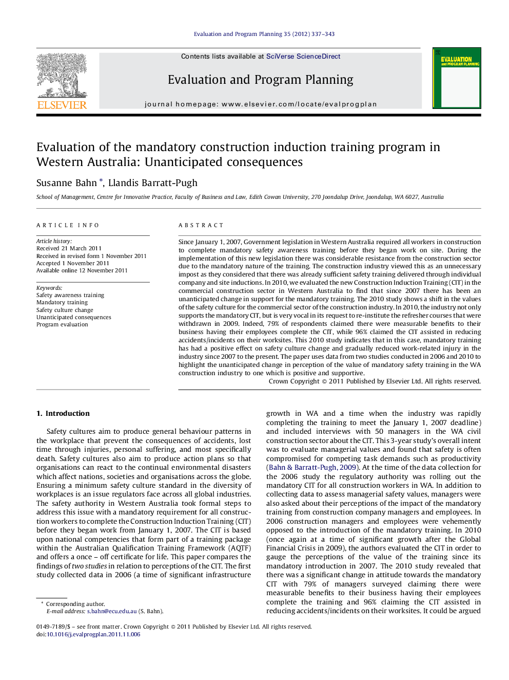 Evaluation of the mandatory construction induction training program in Western Australia: Unanticipated consequences