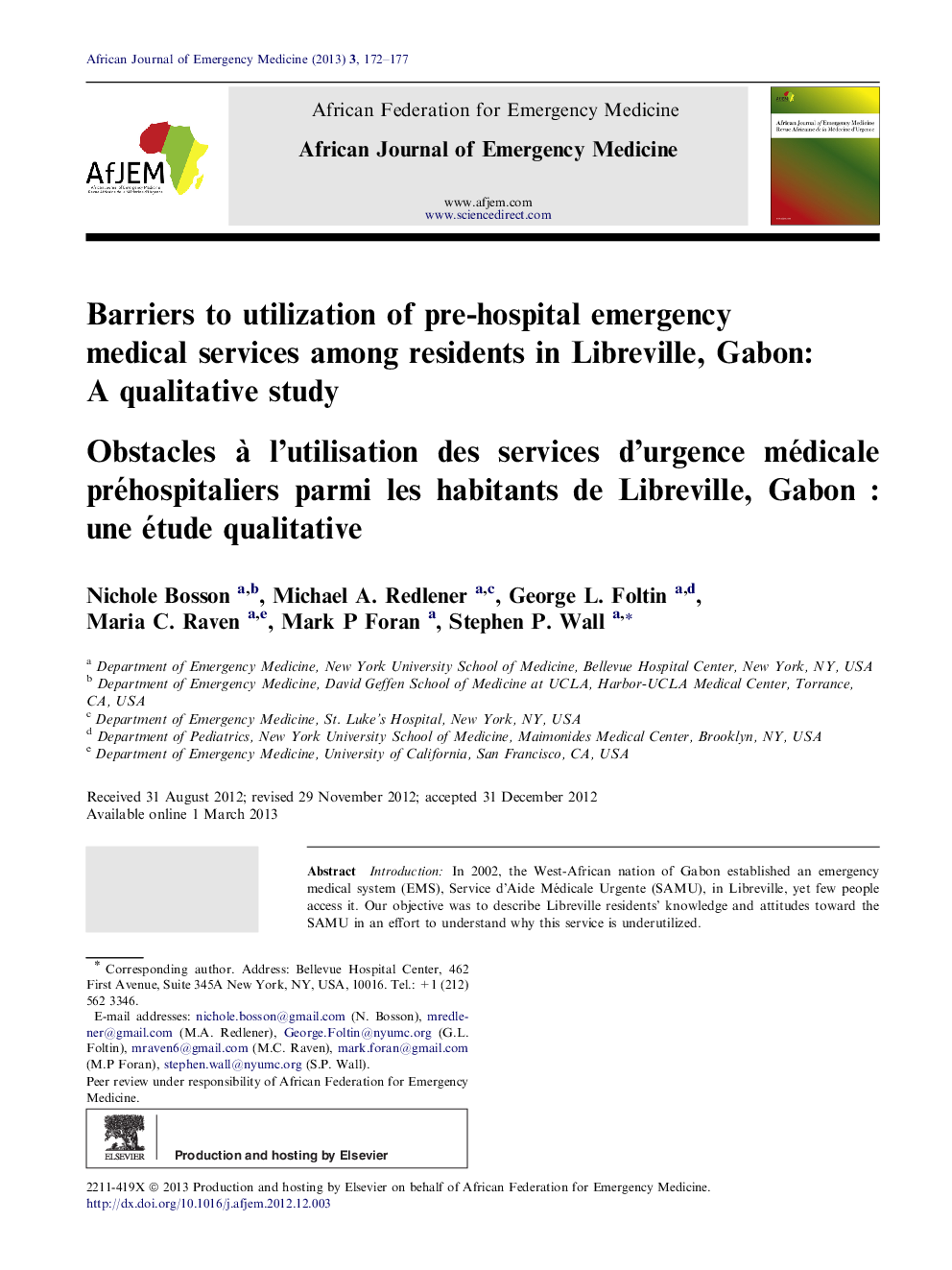 Barriers to utilization of pre-hospital emergency medical services among residents in Libreville, Gabon: A qualitative study : Obstacles à l’utilisation des services d’urgence médicale préhospitaliers parmi les habitants de Libreville, Gabon : une étude q