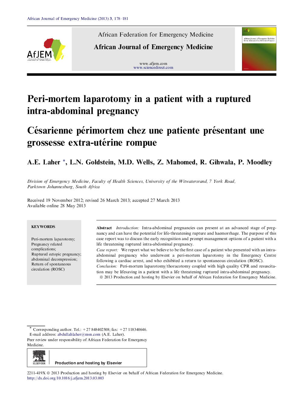 Peri-mortem laparotomy in a patient with a ruptured intra-abdominal pregnancy