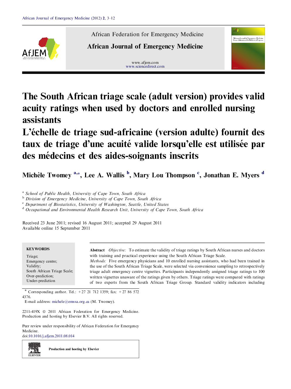 The South African triage scale (adult version) provides valid acuity ratings when used by doctors and enrolled nursing assistants 