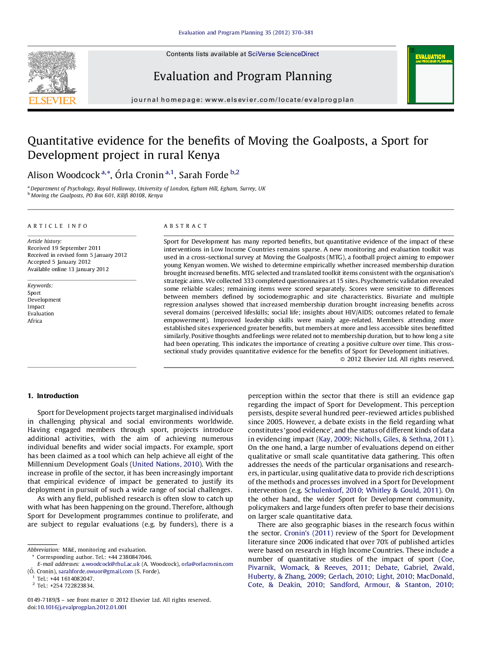 Quantitative evidence for the benefits of Moving the Goalposts, a Sport for Development project in rural Kenya